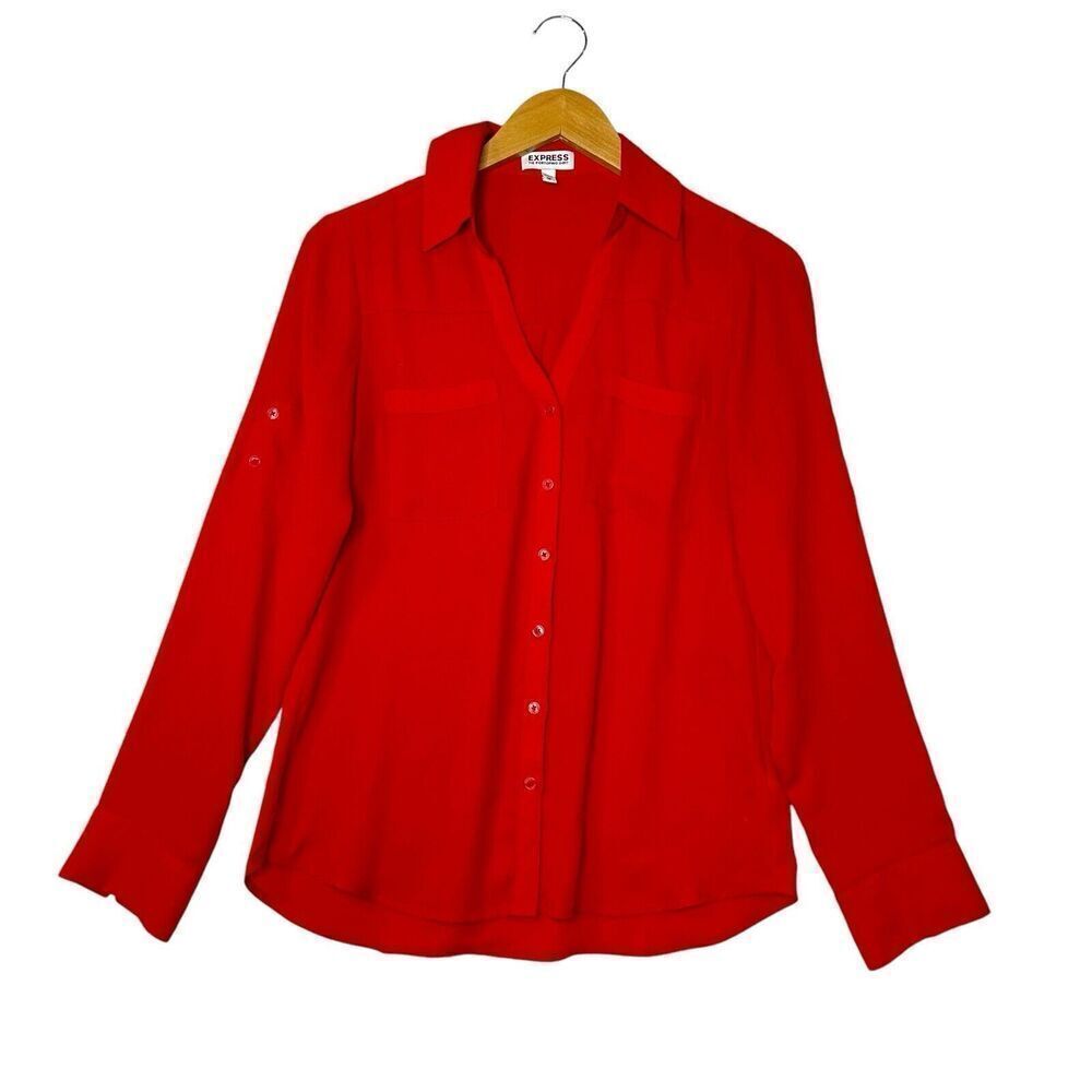Express‎ Portofino Button-down Top Women's XS Red Roll Tab Sleeve Holiday Career